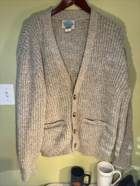 Royal North Mills Outfitters Men's Neutral Beige Ribbed Cardigan Sweater Wool XL